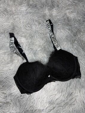 Victoria’s Secret Very Sexy Push-Up Bra Bling Rhinestone Logo Straps Black 32D